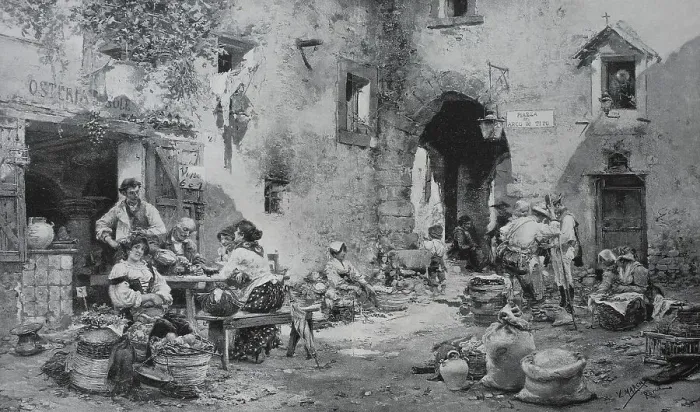 Framed Print : Market in Subiaco, 1888, Italy, History, digital reproduction of an original 19th-century painting Framed Print : Market in Subiaco, 1888, Italy, History, digital reproduction of an original 19th-century painting