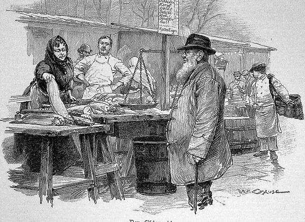 Market in Vienna, Austria, Fishmonger at the Fish Market, Historical, digitally restored reproduction of an 18th century original, exact original date unknown