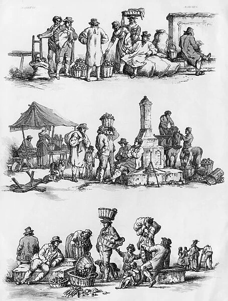 Markets. Three scenes of market traders and their customers, 1802