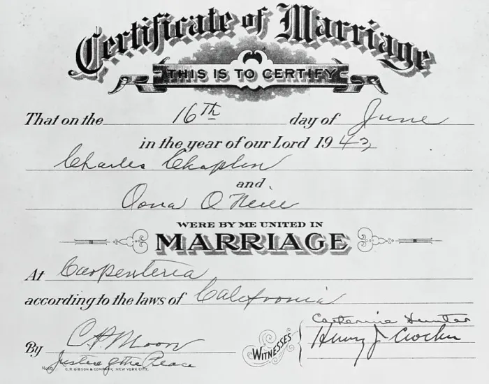 Framed Print : Marriage Certificate of Charlie Chaplin and Oona O'Neill Framed Print : Marriage Certificate of Charlie Chaplin and Oona O'Neill