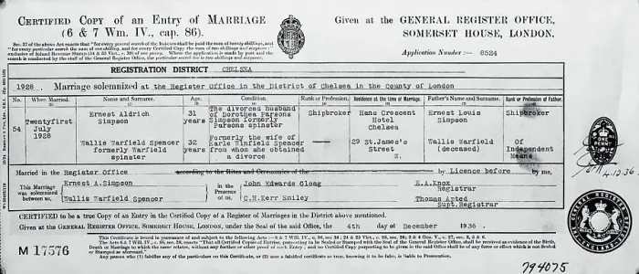 Framed Print : Marriage License of Duchess of Windsor Framed Print : Marriage License of Duchess of Windsor