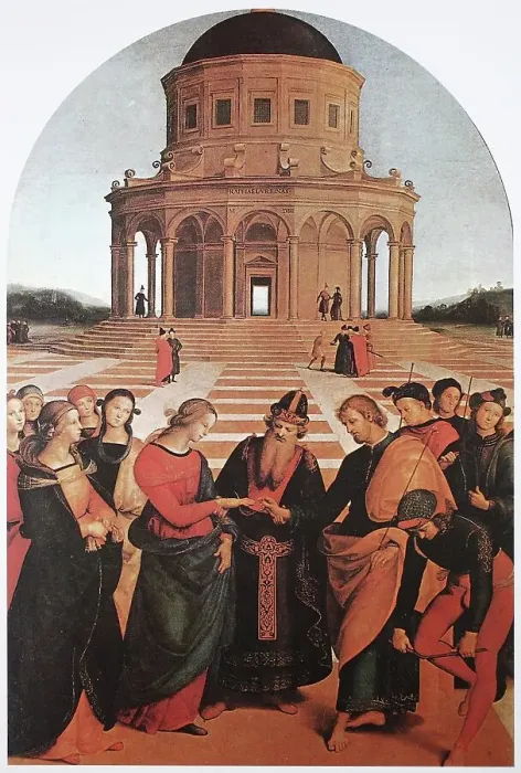 Framed Print : Marriage of the Virgin Mary, by Raffaello Sanzio da Urbino, also Raffael da Urbino, Raffaello Santi, Raffaello Sanzio, Raphael, Italian painter, Italy, digitally restored reproduction of a work of art (public domain) from c. 1500 Framed Print : Marriage of the Virgin Mary, by Raffaello Sanzio da Urbino, also Raffael da Urbino, Raffaello Santi, Raffaello Sanzio, Raphael, Italian painter, Italy, digitally restored reproduction of a work of art (public domain) from c. 1500