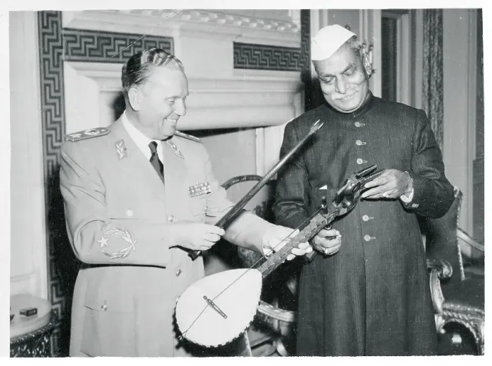 Framed Print : Marshal Tito Discussing Musical Instrument with Indian Leader Framed Print : Marshal Tito Discussing Musical Instrument with Indian Leader