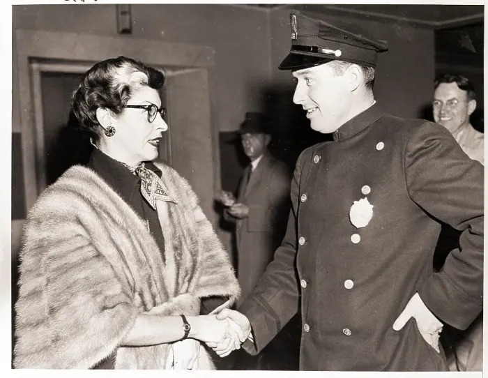 Framed Print : Martha Raye Shaking Hands with Police Framed Print : Martha Raye Shaking Hands with Police