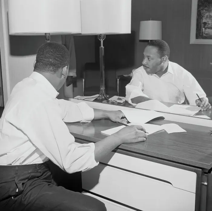 Framed Print : Martin Luther King Sitting at a Hotel Desk Framed Print : Martin Luther King Sitting at a Hotel Desk