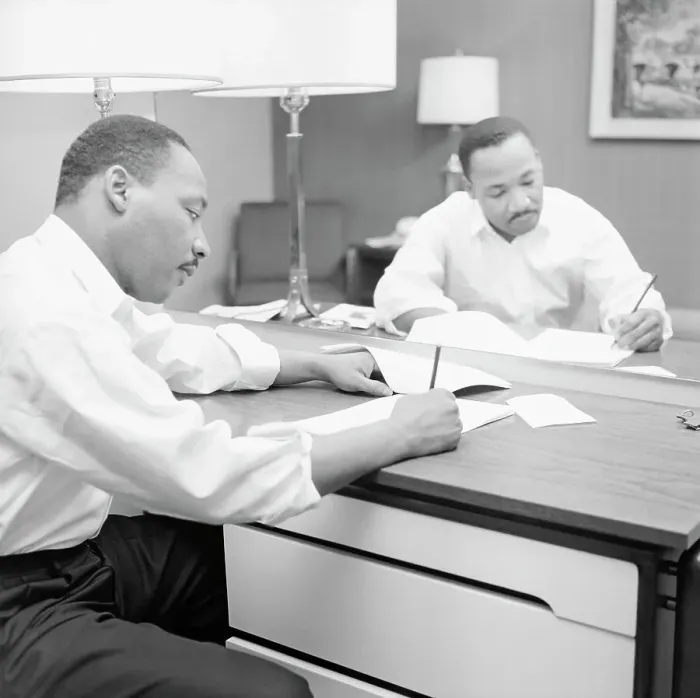Framed Print : Martin Luther King Sitting at a Hotel Desk Framed Print : Martin Luther King Sitting at a Hotel Desk