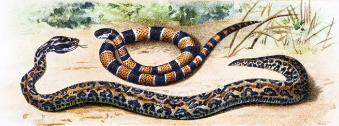 Framed Print : Martinican pit viper (Bothrops lanceolatus) and Painted coral snake (Micrurus corallinus)