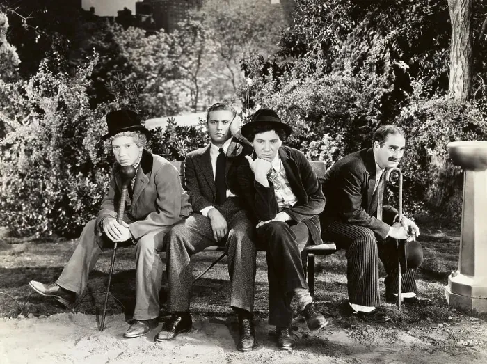 Framed Print : Marx Brothers Sitting on Bench Outside Framed Print : Marx Brothers Sitting on Bench Outside