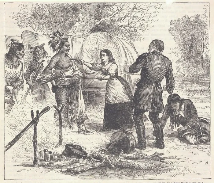 Framed Print : Mary Brand Fighting off Native Americans Framed Print : Mary Brand Fighting off Native Americans
