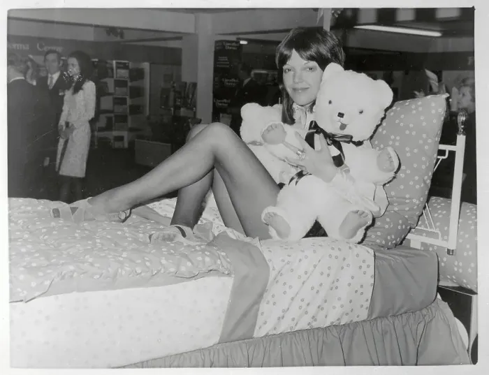 Framed Print : Mary Quant Sitting in Bed with Teddy Bears