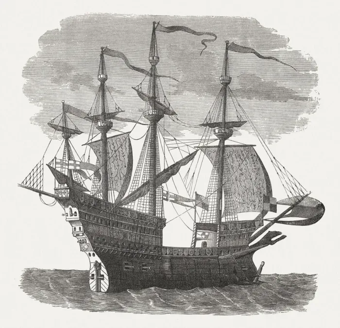 Framed Print : Mary Rose, warship of English King Henry VIII, woodcut, 1880 Framed Print : Mary Rose, warship of English King Henry VIII, woodcut, 1880