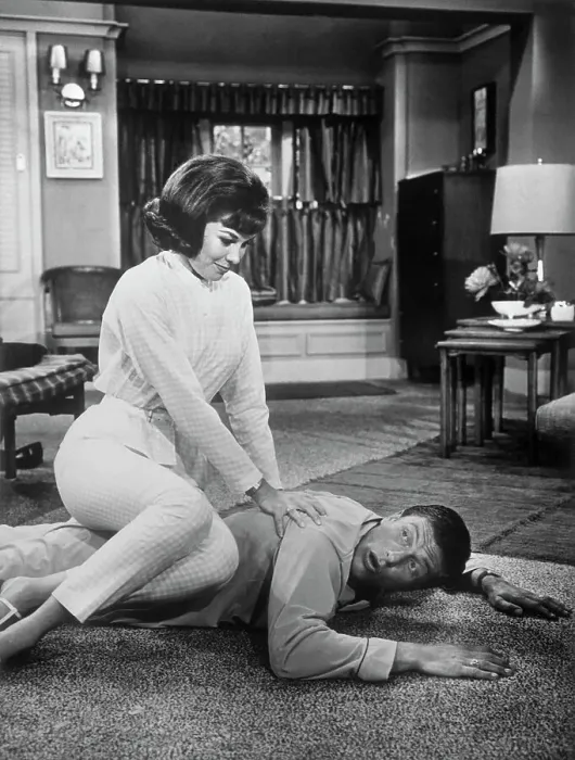 Framed Print : Mary Tyler Moore Sitting on Dick Van Dyke Framed Print : Mary Tyler Moore Sitting on Dick Van Dyke