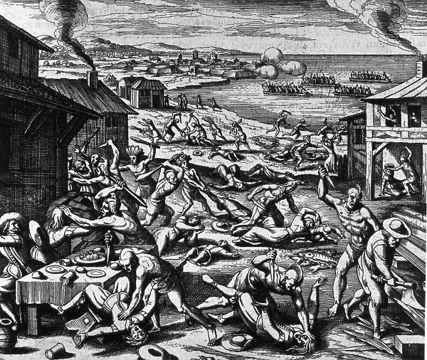 Massacre. An Engraving of Native Americans being Massacred, circa 1590
