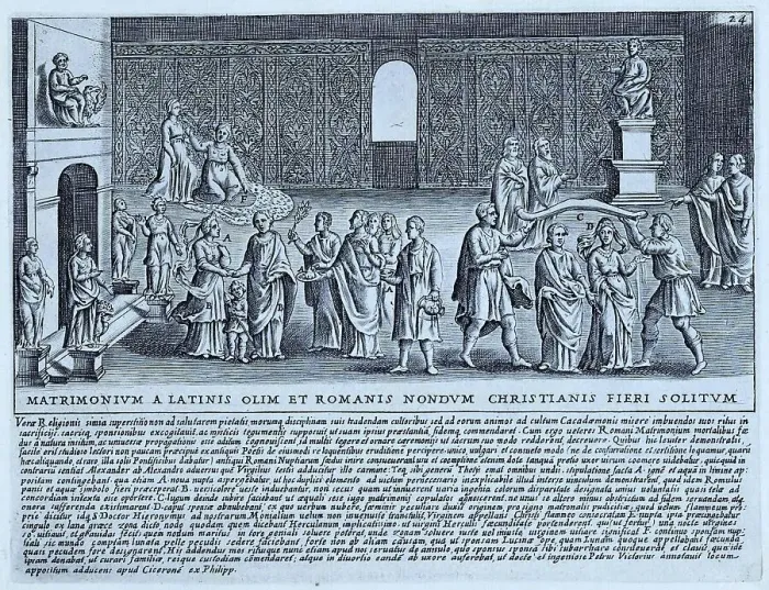 Framed Print : Matrimonium A Latinis olim et romanis nondum, depicts marriage ceremonies in early Rome. The image shows certain parts of the wedding ceremony, historical Rome, Italy, digital reproduction of an original from the 17th century, original date unknown