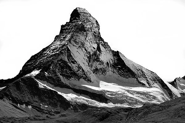 Matterhorn north face, snow capped, triangle shaped, high-contrast black and white