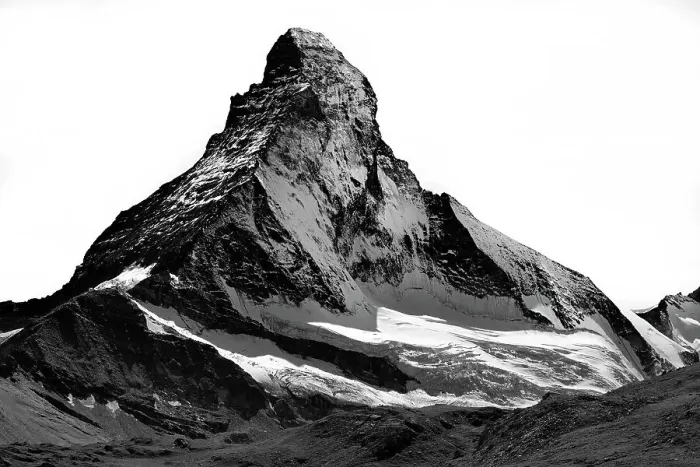 Framed Print : Matterhorn north face, snow capped, triangle shaped, high-contrast black and white