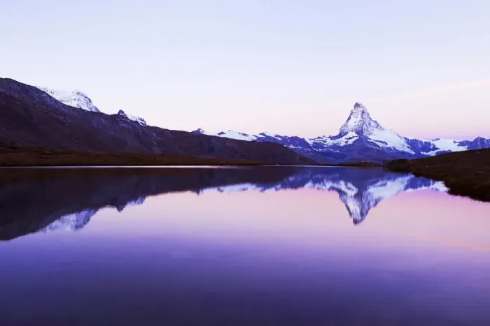 Framed Print : Matterhorn reflected in lake Stellisee, at dusk, Valais Alps, Canton of Valais, Zermatt, Switzerland Framed Print : Matterhorn reflected in lake Stellisee, at dusk, Valais Alps, Canton of Valais, Zermatt, Switzerland