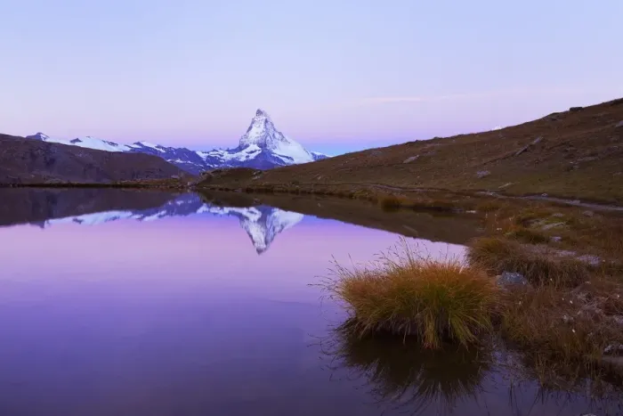 Framed Print : Matterhorn reflected in lake Stellisee, at dusk, Valais Alps, Canton of Valais, Zermatt, Switzerland