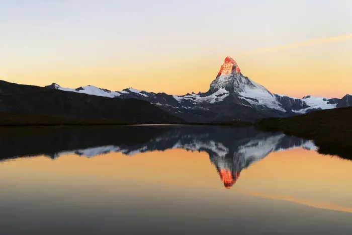 Framed Print : Matterhorn reflected in lake Stellisee, at sunrise, Valais Alps, Canton of Valais, Zermatt, Switzerland Framed Print : Matterhorn reflected in lake Stellisee, at sunrise, Valais Alps, Canton of Valais, Zermatt, Switzerland