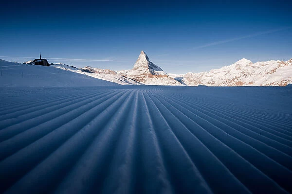 Matterhorn with snow plow pattern in foreground
