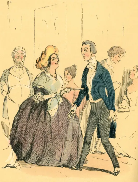 Framed Print : Mature Victorian lady prodding a young man with her fan Framed Print : Mature Victorian lady prodding a young man with her fan