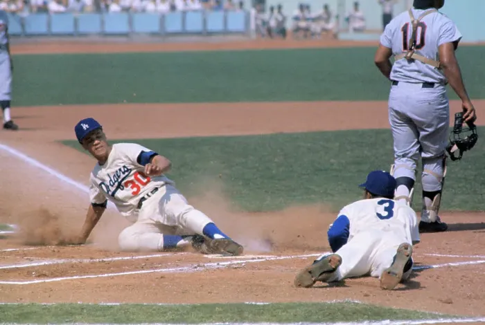 Framed Print : Maury Wills Sliding into Home Plate
