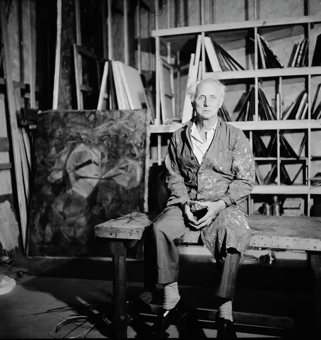 Framed Print : Max Ernst. German artist Max Ernst (1891 - 1976) with one of his works Framed Print : Max Ernst. German artist Max Ernst (1891 - 1976) with one of his works