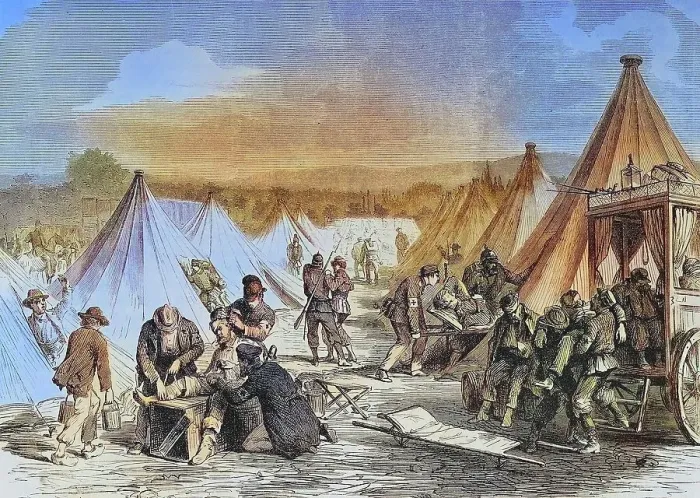 Framed Print : Max Mahons captured tent camp near Reichshofen as a hospital for the wounded, illustrated war chronicle 1870-1871, Franco-Prussian campaign, Germany, France Framed Print : Max Mahons captured tent camp near Reichshofen as a hospital for the wounded, illustrated war chronicle 1870-1871, Franco-Prussian campaign, Germany, France