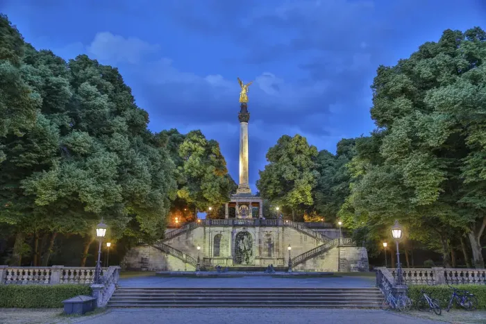 Framed Print : Maximilian Park with the Angel of Peace, dolphin fountain at the front, dusk, blue hour, Munich, Upper Bavaria, Bavaria, Germany Framed Print : Maximilian Park with the Angel of Peace, dolphin fountain at the front, dusk, blue hour, Munich, Upper Bavaria, Bavaria, Germany