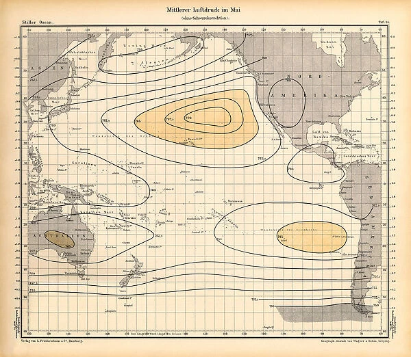 May Air Pressure Chart, Pacific Ocean, German Antique Victorian Engraving, 1896