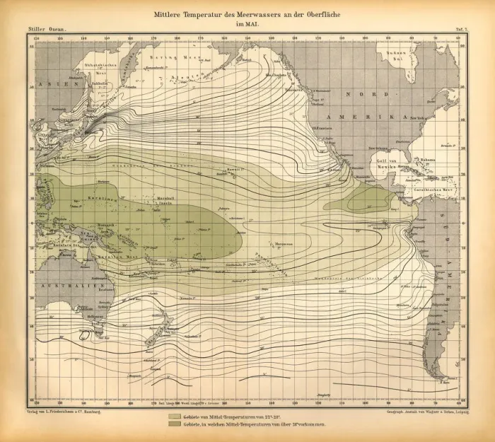 Framed Print : May Mean Temperature of Seawater at the Surface Chart, Pacific Ocean, German Antique Victorian Engraving, 1896