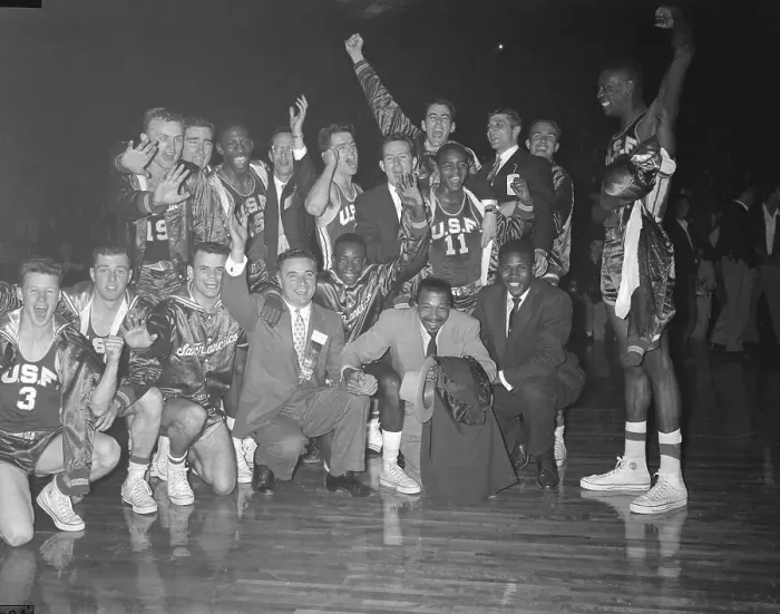 Framed Print : Mayor and Basketball Players Posing on Floor Framed Print : Mayor and Basketball Players Posing on Floor