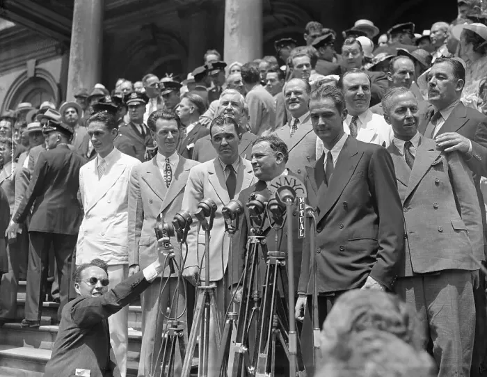 Framed Print : Mayor LaGuardia Praising Howard Hughes and Crew Framed Print : Mayor LaGuardia Praising Howard Hughes and Crew