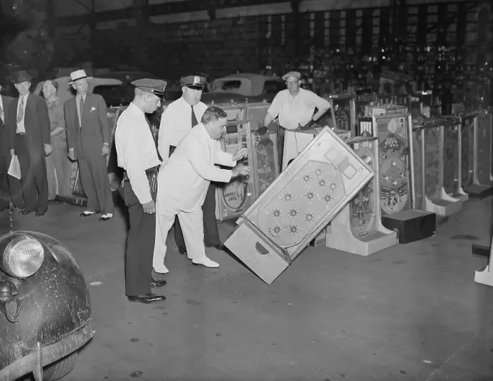 Framed Print : Mayor LaGuardia Pushing a Slot Machine