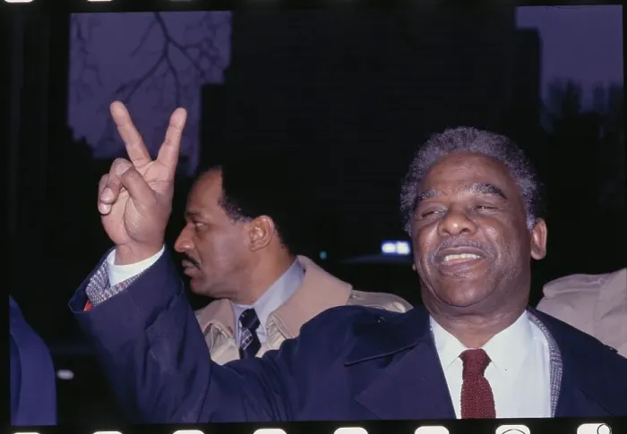 Framed Print : Mayoral Candidate Harold Washington Gesturing After Voting Framed Print : Mayoral Candidate Harold Washington Gesturing After Voting