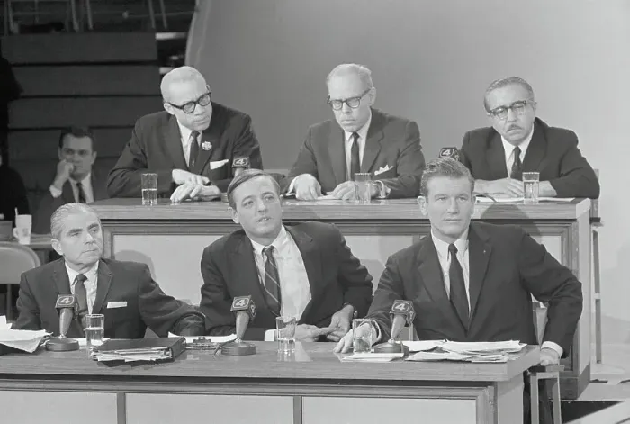 Framed Print : Mayoral Candidates Sitting on Television Set Framed Print : Mayoral Candidates Sitting on Television Set