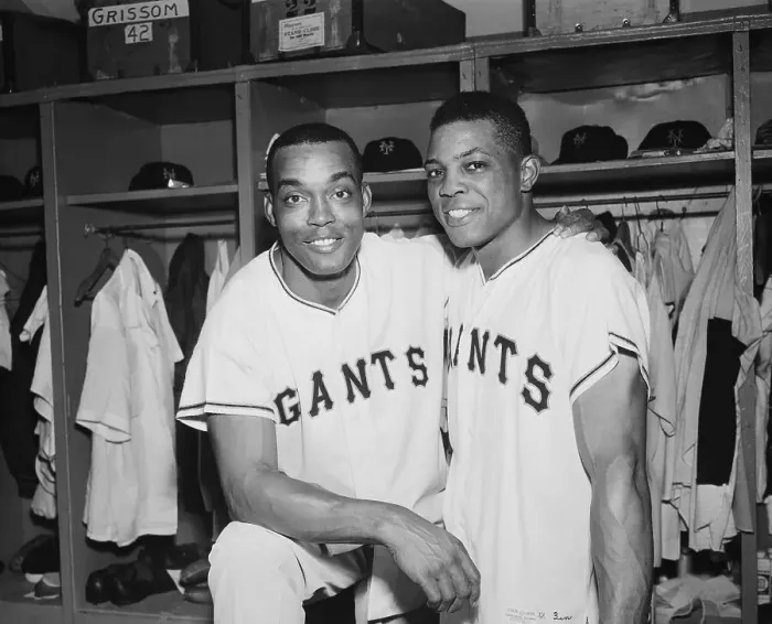 Framed Print : Mays, Monte Irvin Embracing In Dressing Framed Print : Mays, Monte Irvin Embracing In Dressing