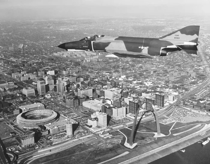 Framed Print : The McDonnell-Douglas F-4E Phantom Flies over St Louis Framed Print : The McDonnell-Douglas F-4E Phantom Flies over St Louis
