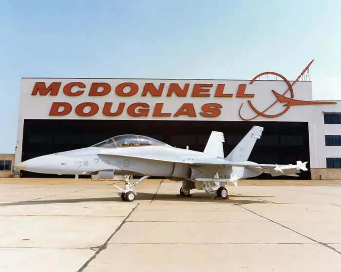 Framed Print : McDonnell Douglas Military Airplane in Front of Hangar Framed Print : McDonnell Douglas Military Airplane in Front of Hangar