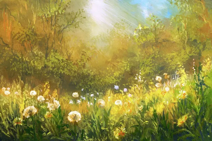 Framed Print : Meadow of dandelions, oil painting