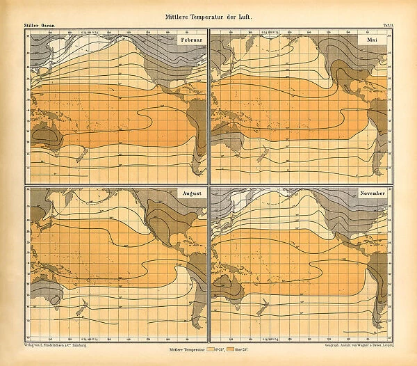 Mean Temperature of the Air Chart, Pacific Ocean, German Antique Victorian Engraving, 1896