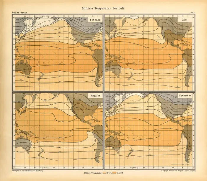 Framed Print : Mean Temperature of the Air Chart, Pacific Ocean, German Antique Victorian Engraving, 1896 Framed Print : Mean Temperature of the Air Chart, Pacific Ocean, German Antique Victorian Engraving, 1896