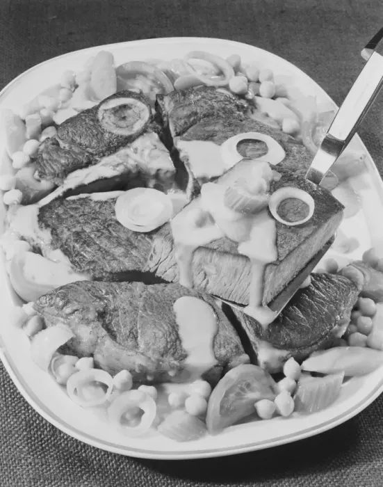 Framed Print : Meat with beans and onions, close-up Framed Print : Meat with beans and onions, close-up