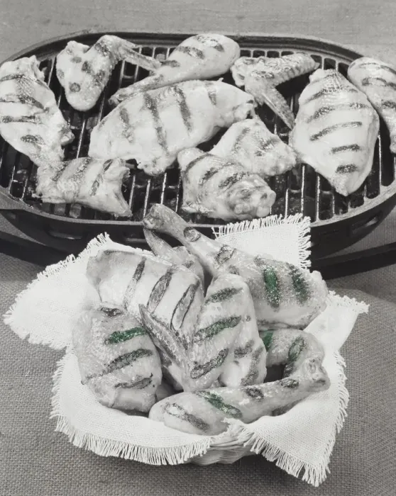Framed Print : Meats on barbecue grill and basket of meat in foreground, close-up