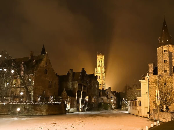 Medieval Bruges cityscape with frozen canals