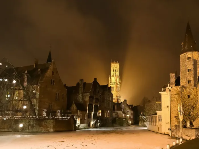 Framed Print : Medieval Bruges cityscape with frozen canals