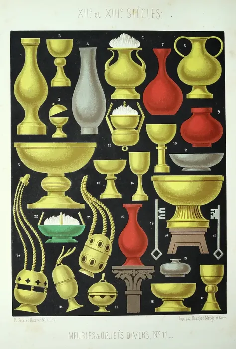 Framed Print : Medieval furniture and decor, French 12th to 13th Century, Vase, Urns, Lamps, Censer, keys, Vintage illustration Framed Print : Medieval furniture and decor, French 12th to 13th Century, Vase, Urns, Lamps, Censer, keys, Vintage illustration