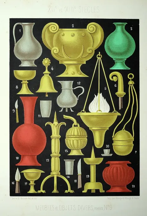 Framed Print : Medieval furniture and decor, French 12th to 13th Century, Vase, Urns, Lamps, Censer, Vintage illustration