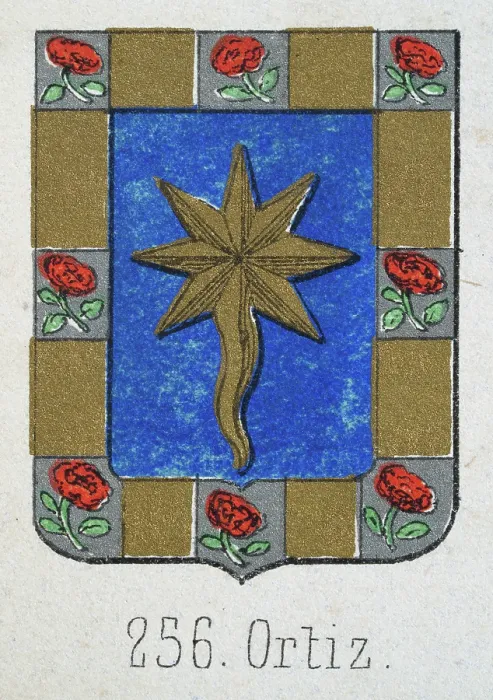 Framed Print : Medieval heraldry, Coat of arms, Shield with, Gold, shooting star, Blue, Red, Rose, Spanish, Vintage illustration Framed Print : Medieval heraldry, Coat of arms, Shield with, Gold, shooting star, Blue, Red, Rose, Spanish, Vintage illustration
