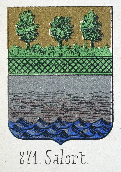 Framed Print : Medieval heraldry, Coat of arms, Shield with, Green, Tree, Sea, Spanish, Vintage illustration